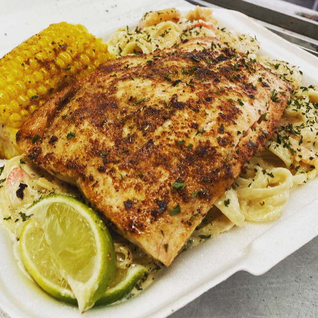 Grilled Salmon & Shrimp Alfredo Pasta