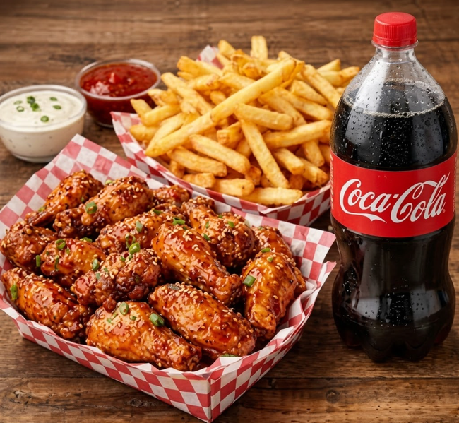 10 PC Halal Chicken Wings, regular fries and soda.
