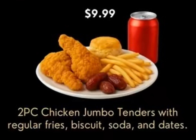 2PC Chicken Jumbo Tenders with regular fries, biscuit, soda, and dates.