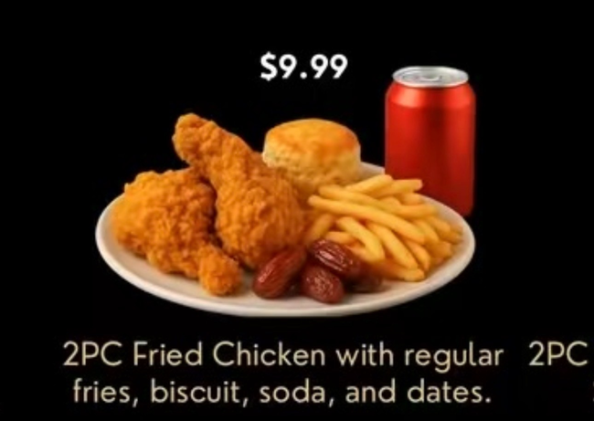 2PC Fried Chicken with regular fries, biscuit, soda, and dates.
