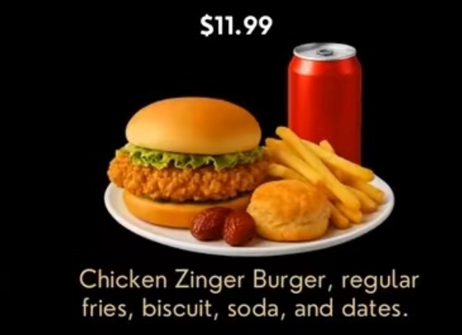 Halal Chicken Zinger Burger, regular fries, biscuit, soda and dates.
