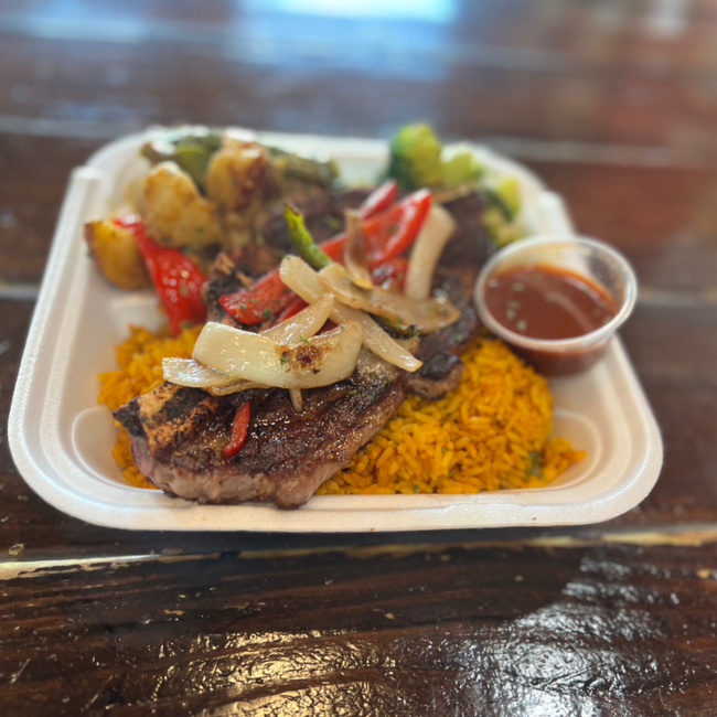 Ribeye Steak, Yellow Rice, Potatoes & Brocolli