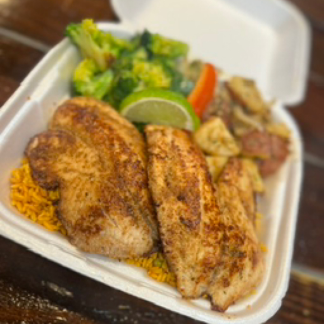2pc Grilled Tilapia Dinner, Steamed Broccoli, Potatoes & Yellow Rice, Steamed Broccoli, Potatoes & Yellow Rice
