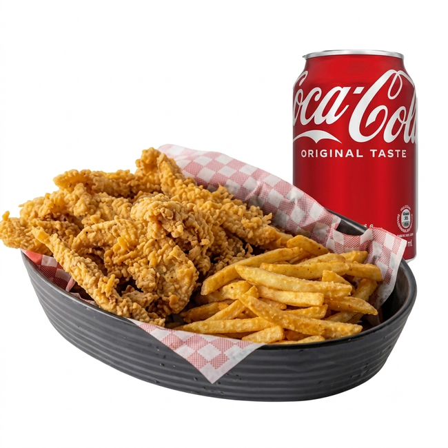 2PC Halal Chicken Jumbo Tenders with regular fries, biscuit, and soda.