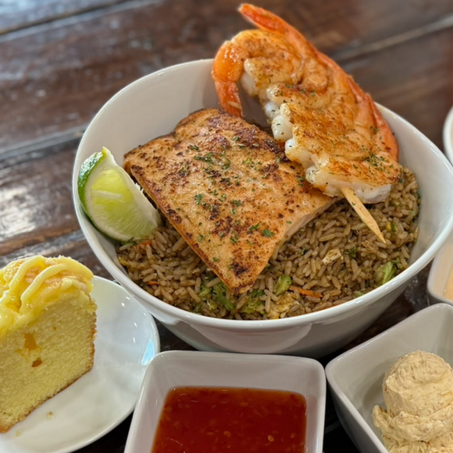 5pc Grilled Shrimp, 4oz Salmon Plain Fried Rice & Cake Of The Day