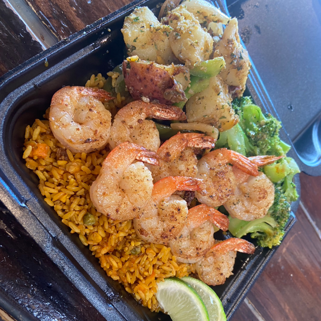 10pc Grilled Shrimp Dinner, Yellow Rice, Garlic Potatoes & Steamed Broccoli