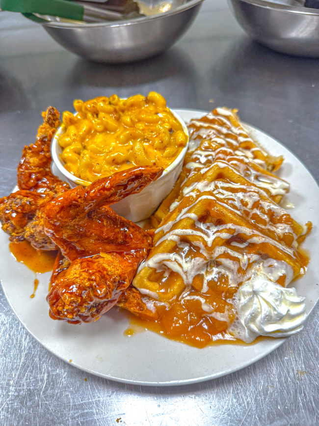 Peach Cobbler Chicken & Waffle Meal