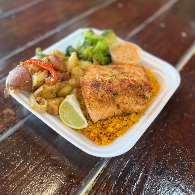 Salmon Dinner, Yellow Rice, Garlic Potatoes & Broccoli