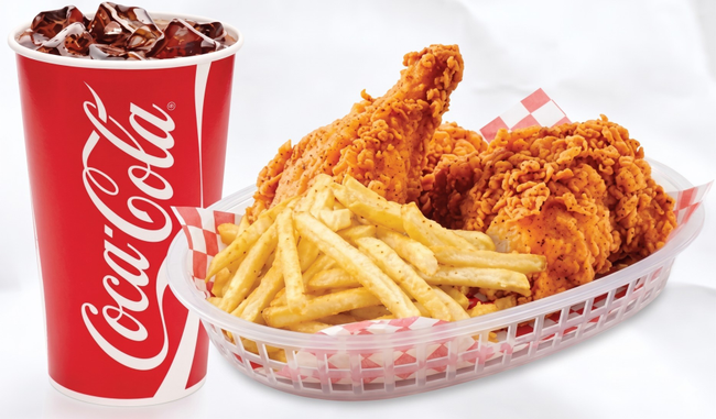 2PC Halal Cajun Fried Chicken with regular fries, biscuit, and soda.