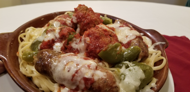Sausage, Meatballs & Peppers Parmigiana