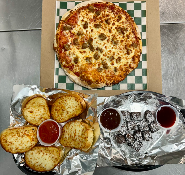 34.99 Lg Pizza w/ App&Dessert