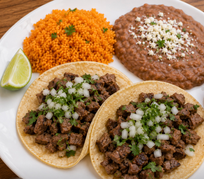 2 Asada Tacos Rice & Beans