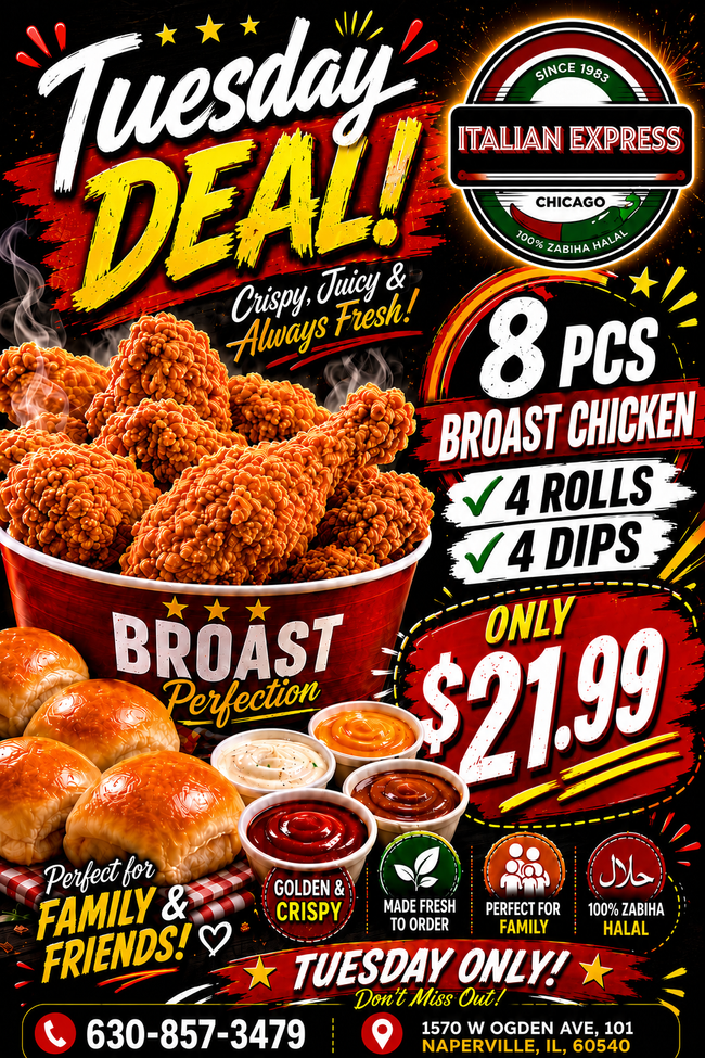 Chicken Broast 8 pieces, fries 4 rolls, 2 Dips