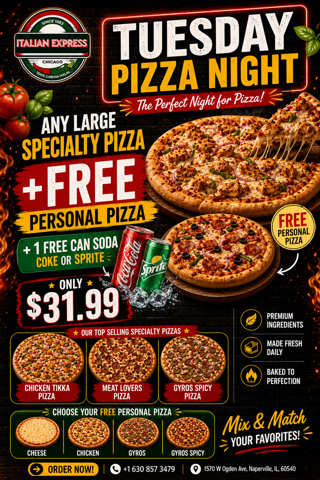 1 - 16" (LG) Speciality Pizza + 1 Personal Pizza + 1 Can Soda