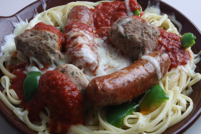 Sausage, Meatballs & Peppers Parmigiana