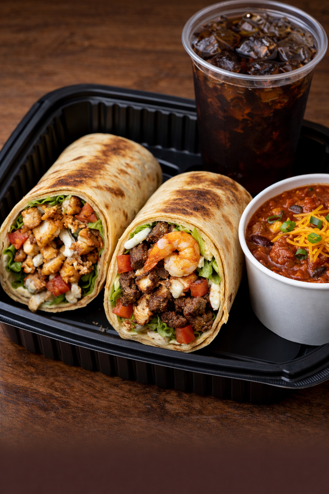 Wrap (3 proteins) + Chili + Fountain Soda