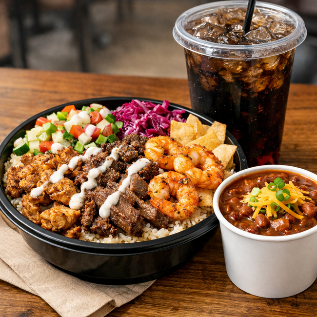 Bowl (3 proteins) + Chili + Fountain Soda