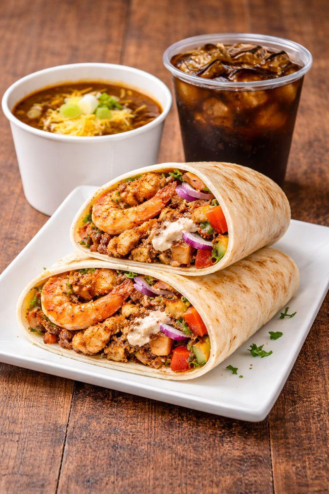 Wrap (2 proteins) + Chili + Fountain Soda