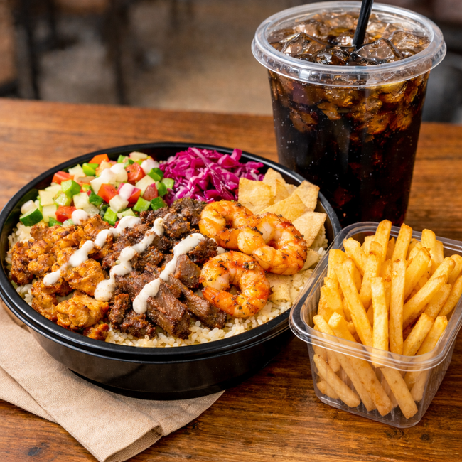 Bowl (3 proteins) + Fries + Fountain Soda