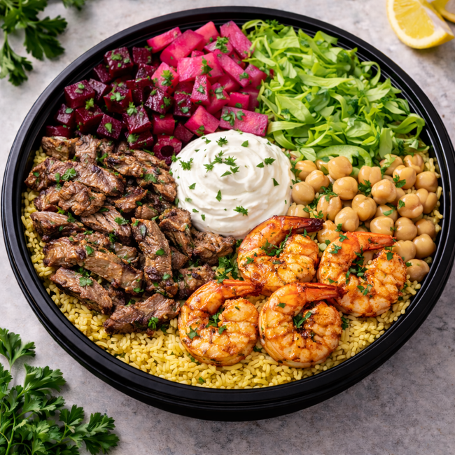 Steak Shawarma & Shrimp Bowl