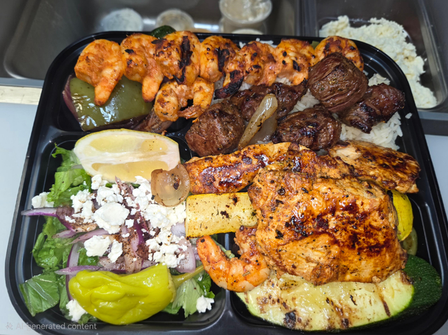Filet migon, chicken kabob and shrimp platter