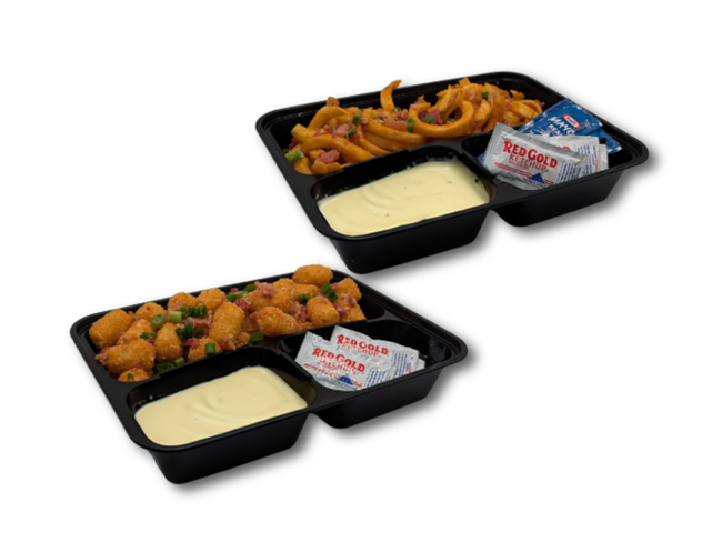 Cheesy Bacon Tots or Curly Fries