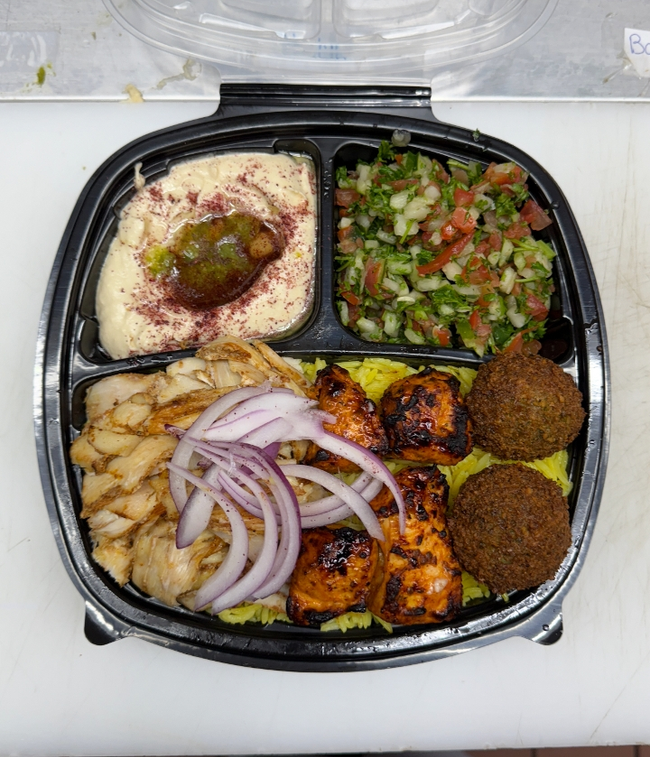 Firestorm Plate ( Chicken Shawarma - Chicken Kababs - Falafel )