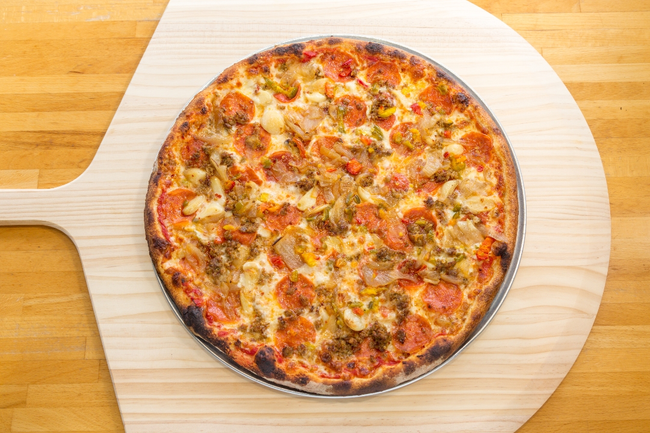 18” Staven:  pepperoni, sausage, roasted garlic, caramelized onions, hot cherry peppers
