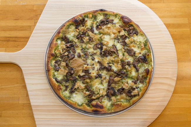 18” Nighthawk:  basil pesto, grilled chicken, wild mushrooms, caramelized onions, fresh mozzarella