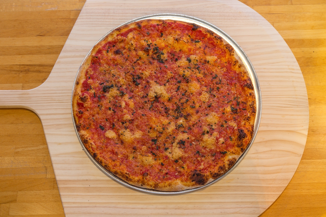 18” Tomato Pie:  tomato sauce, pecorino cheese, olive oil, minced garlic, oregano (NO mozzarella cheese on this pie)