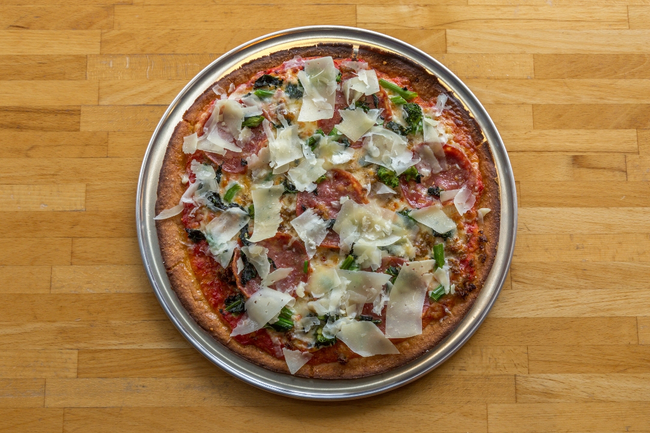 18” Wooster SQ:  broccoli rabe, sausage, salami, parmigiano-reggiano, extra virgin olive oil