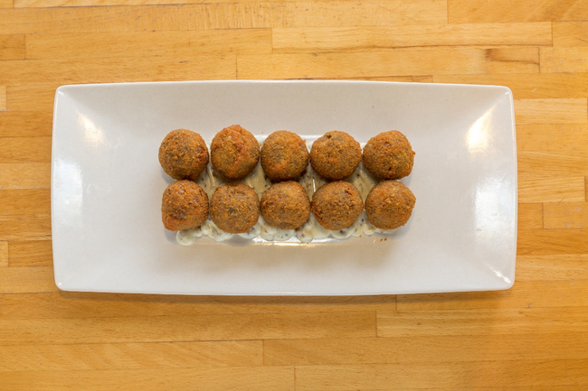Large Arancini:   filled crispy rice balls with seasonal accompaniments