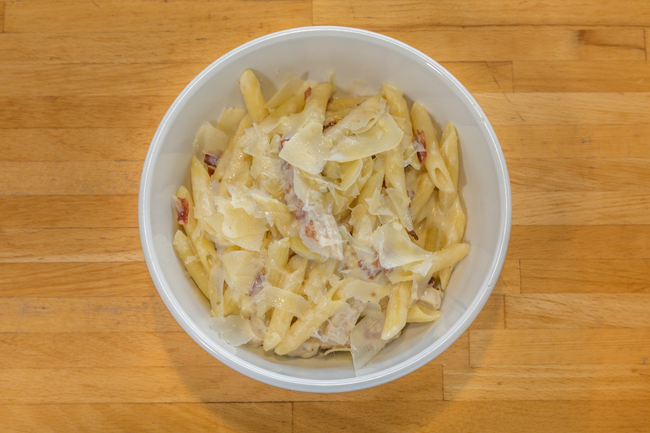 Chicken Alfredo:  penne pasta, grilled chicken, bacon, roasted garlic parmesan sauce, parmigiano-reggiano