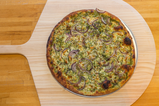 18” Long Wharf:  basil pesto, local chesapeake clams, fresh shrimp, red onions, minced garlic, lemon oil