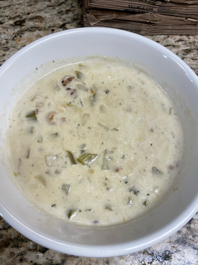 New England Clam Chowder: fresh clams, pancetta, onion, celery, potato, heavy cream, white wine, corn starch, seasoning