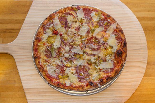 18” The Game:  salami, hot cherry peppers, red onion, artichokes, parmigiano-reggiano, extra virgin olive oil