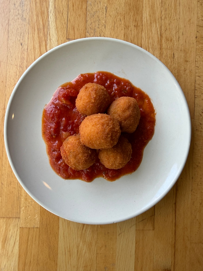 Small Arancini:  filled crispy rice balls with seasonal accompaniments