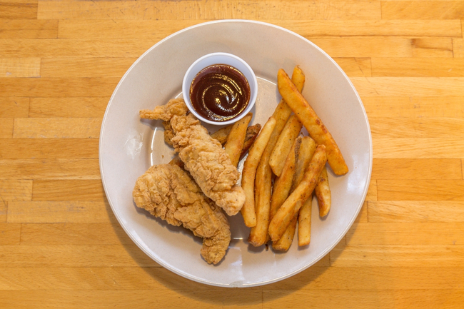 Kids Chicken Tenders:  BBQ sauce and fries