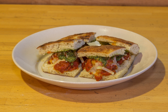 Meatball Sliders:  garlic focaccia, house-made meatballs, pesto, pomodoro sauce, mozzarella, parmesan