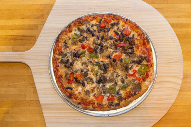 18” Down-the-Hill:  meatball, sausage, roasted peppers, caramelized onions, wild mushrooms, kalamata olives