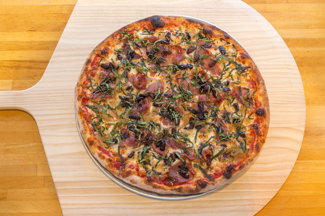 18” Merritt PKWY:  prosciutto, kalamata olives, caramelized onions, basil, extra virgin olive oil