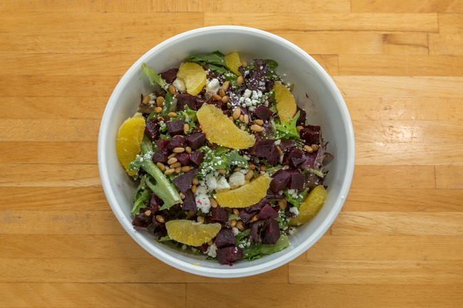 LG. Beet Salad:   roasted beets, frisee and mixed greens, goat cheese, toasted pine nuts, house-made orange vinaigrette