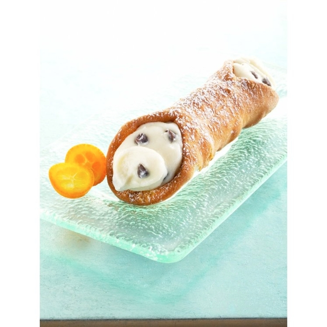 Cannoli; tube shaped pastry shell filled with sweetened ricotta, chocolate chips and orange zest