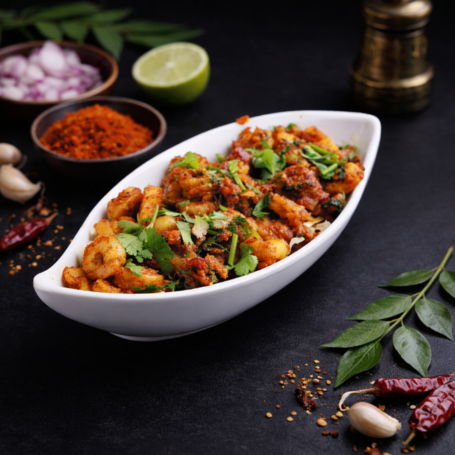 Nalla Karam Royyala Vepudu (Black Gunpowder Prawn Fry)