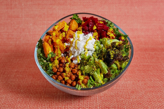 Kale, Quinoa, Roasted Broccoli & Butternut Squash, Pickled Beets, Crispy Chickpeas, Coconut Feta, Turmeric Tahini Dressing

[Contains: Sesame, Soy]