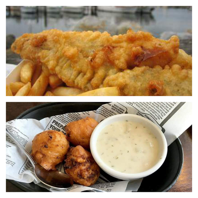 Fish & Chips, Clam fritters, and Chowder combo