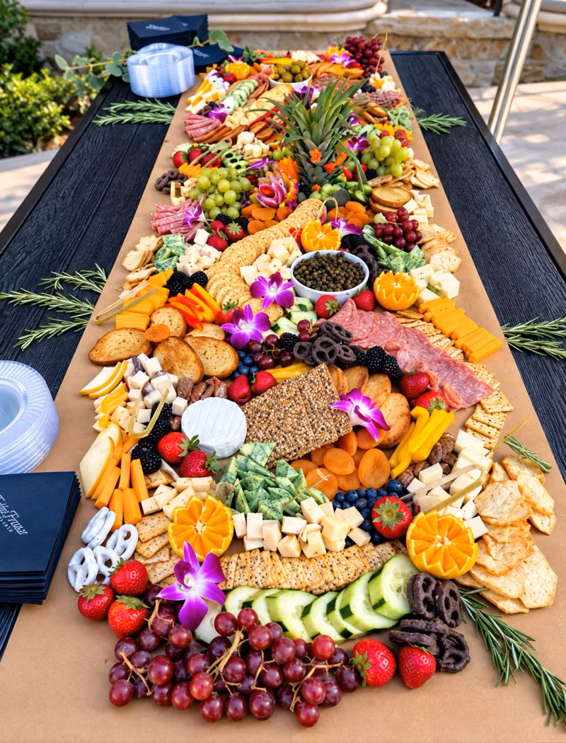 Catering grazing table with fruit, cheeses and charcuterie